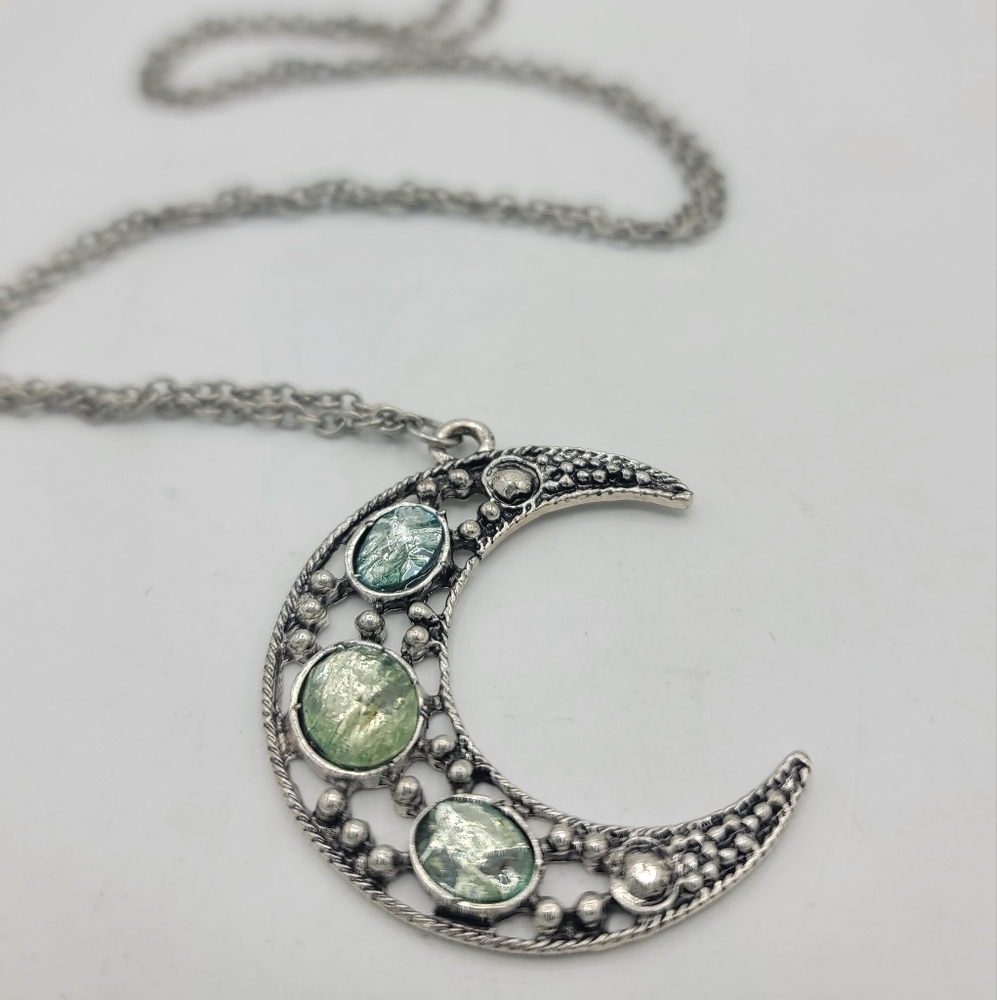 Crescent Moon Pendant Necklace Silver-Tone Filigree Green Glass Stones Boho Goth